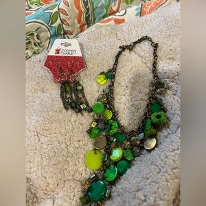 CHARMING CHARLIE green & antique Gold necklace & earring set